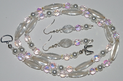 +MBA #B3-025  "Clear Glass Bead,Pink AB & Clear Crystal & Pearl Necklace & Earring Set"