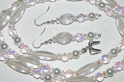 +MBA #B3-025  "Clear Glass Bead,Pink AB & Clear Crystal & Pearl Necklace & Earring Set"