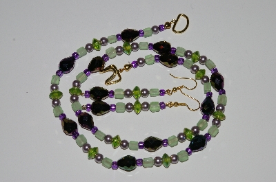 +MBA #B3-088  "Green Glass,Lavender Pearls & Purple Peacock Crystal Bead Necklace & Earring Set"