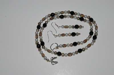 +MBA #B3-015   "Black Crystal, Glass Bead, White Pearl & Silverplated Rose Bead Necklace & Earring Set"