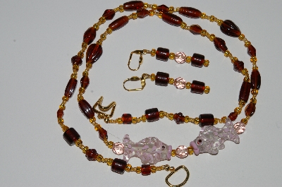 +MBA #B3-018   "Brown & Gold Glass Bead & Fancy Lamp Worked Pink Fish Bead Necklace & Earring Set"