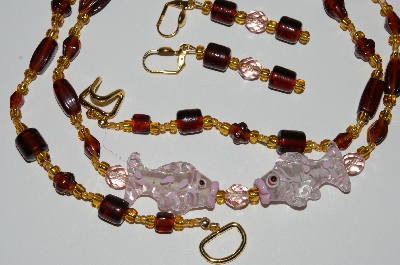 +MBA #B3-018   "Brown & Gold Glass Bead & Fancy Lamp Worked Pink Fish Bead Necklace & Earring Set"