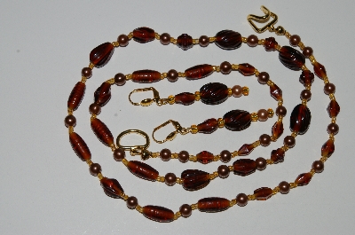 +MBA #B3-040  "Vintage Brown Glass Pearls, Brown & Gold Glass Bead Necklace & Earring Set"