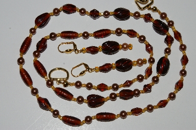 +MBA #B3-040  "Vintage Brown Glass Pearls, Brown & Gold Glass Bead Necklace & Earring Set"
