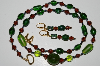 +MBA #B3-064   "Brown & Green Glass Bead & Crystal Necklace & Earring Set"