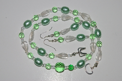 +MBA #B3- 112  "Clear Glass, Fancy Green Pearl & Crystal Necklace & Earring Set"