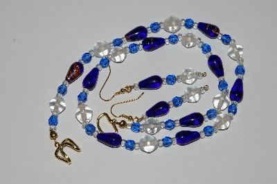 +MBA #B3-06  "Blue & Clear Glass Bead & Crystal Bead Necklace & Earring Set"