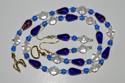 +MBA #B3-06  "Blue & Clear Glass Bead & Crystal Bead Necklace & Earring Set"