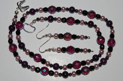+MBA #B3-173  "Purple & Black Crystal, Purple Gemstone, Pearl & Hemalyke Bead Necklace & Earring Set"