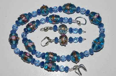 +MBA #B3-100  "Fancy Blue Glass Lamp Worked Beads, Blue Gemstone & Crystal Bead Necklace & Earring Set"