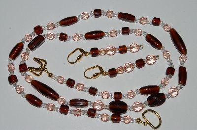 +MBA #B3-118  "Brown Glass & Pink Crystal Bead Necklace & Earring Set"