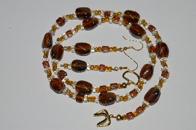 +MBA #B3-046  "Luster Brown Glass Bead & Clear Crystal Necklace & Earring Set"