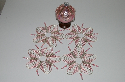 +MBA #B3-123  "Set Of 5 Hand Beaded Pink & Silver Bead & Pink Crystal Ornament Covers"