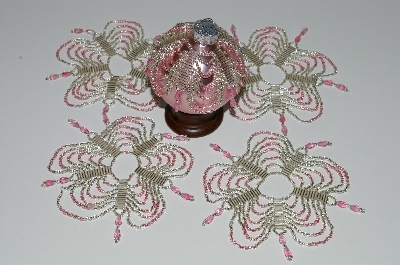 +MBA #B3-126  "Set Of 5 Hand Beaded Silver & Pink Ornament Covers"