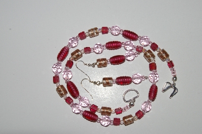 +MBA #B4-3027  "Pink Crystal, Rose Colored Glass Bead Necklace & Matching Earring Set"