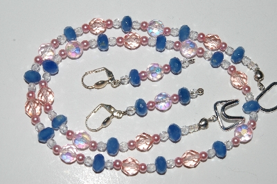 +MBA #B4-3021  "Pink Crystal,Blue Gemstone & Pink Glass Pearl Necklace & Matching Earring Set"