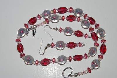 +MBA #B4-3012  "Lamp Worked Glass Rose Bead Necklace & Matching Earring Set"