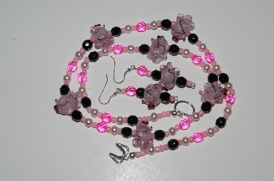 +MBA #B4-2991  "Fancy Pink Glass Fish, Crystal & Glass Pearl Necklace & Matching Earring Set"