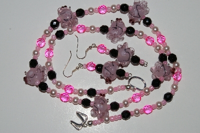 +MBA #B4-2991  "Fancy Pink Glass Fish, Crystal & Glass Pearl Necklace & Matching Earring Set"