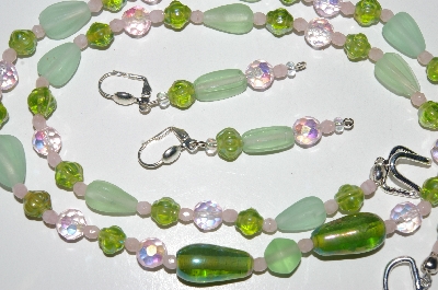 +MBA #B4-3018  "Green Glass & Crystal Bead Necklace & Matching Earring Set"