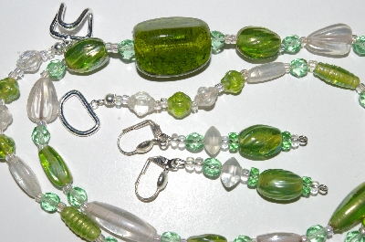 +MBA #B4-3003  "Green & Clear Luster Glass Bead & Crystal Necklace & Matching Earring Set"