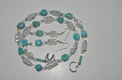 +MBA #B4-2920  "Fancy Clear Art Glass Beads & Turquoise Necklace & Matching Earring Set"