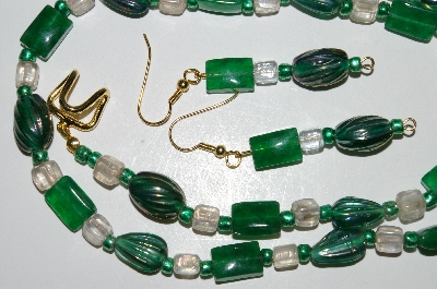 +MBA #B4-2929  "Green Gemstone, Green Luster Glass & Clear Glass Bead Necklace & Matching Earring Set"