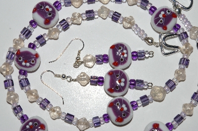 +MBA #B4-2923  "Lamp Worked Glass Cat Beads, Purple & Clear Glass Bead Necklace & Matching Earring Set"