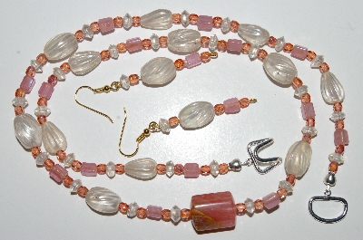 +MBA #B4-2953  "Clear Luster Glass,Pink Bead & Crystal, Cherry Agate Necklace & Matching Earring Set"