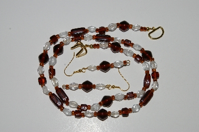+MBA #B4-2947  "Brown & Clear Glass Bead Necklace & Matching Earring Set"
