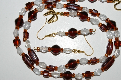 +MBA #B4-2947  "Brown & Clear Glass Bead Necklace & Matching Earring Set"