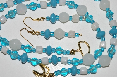 +MBA #B4-2985  "Blue & White Glass Bead Necklace & Matching Earring Set"