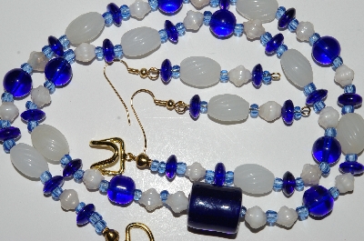 +MBA #B4-2968  "Dark Blue & Luster White Glass Bead Necklace & Matching Earring Set"