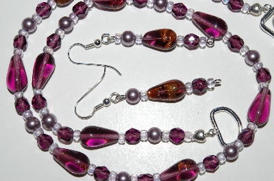 +MBA #B4-2962  "Purple Glass, Crystal & Pearl Necklace & Matching Earring Set"