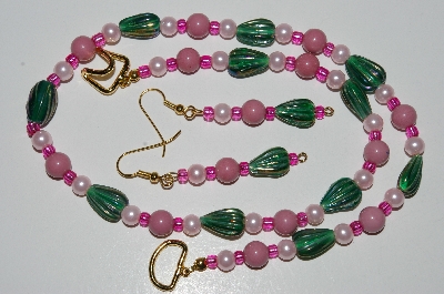 +MBA #B4-2959  "Pink Lepidolite, Green Luster Glass & Pearl Necklace & Matching Earring Set"