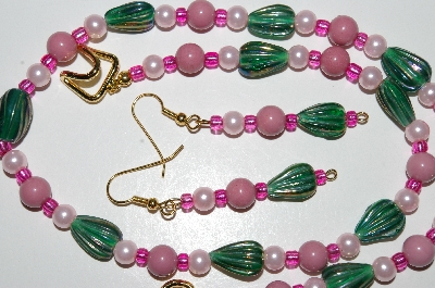 +MBA #B4-2959  "Pink Lepidolite, Green Luster Glass & Pearl Necklace & Matching Earring Set"