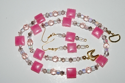 +MBA #B4-2956  "Fancy Pink Glass & Crystal Bead Necklace & Matching Earring Set"