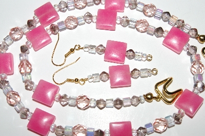 +MBA #B4-2956  "Fancy Pink Glass & Crystal Bead Necklace & Matching Earring Set"