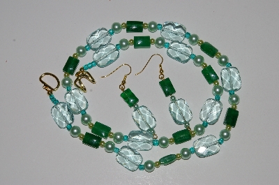 +MBA #B4-2938  "Aqua Green Glass, Green Gemstone & Glass Pearl Necklace & Earring Set"