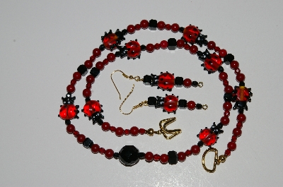 +MBA #B4-2941  "Red Jade, Crystal, Black Glass Bead Lady Bug Necklace & Matching Earring Set"