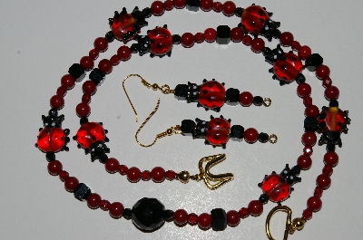 +MBA #B4-2941  "Red Jade, Crystal, Black Glass Bead Lady Bug Necklace & Matching Earring Set"