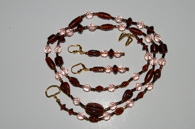 +MBA B5-03   "Brown Glass Bead & Pink Crystal Necklace & Matching Earring Set"