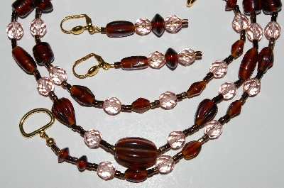 +MBA B5-03   "Brown Glass Bead & Pink Crystal Necklace & Matching Earring Set"