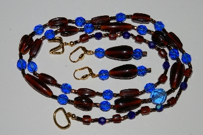 +MBA #B5-060  "Brown Glass & Blue Crystal Bead Necklace & Matching Earring Set"