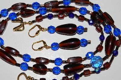 +MBA #B5-060  "Brown Glass & Blue Crystal Bead Necklace & Matching Earring Set"