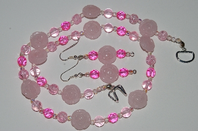 +MBA #B5-054  "Carved Rose Quarts, Pink Glass & Crystal Bead Necklace & Earring Set"
