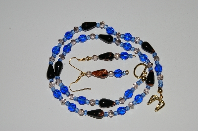 +MBA #B5-051  "Fancy Black & Gold Glass Bead & Blue Crystal Necklace & Matching Earring Set"