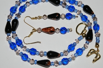 +MBA #B5-051  "Fancy Black & Gold Glass Bead & Blue Crystal Necklace & Matching Earring Set"