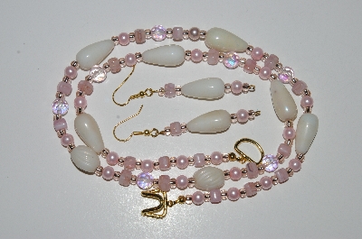 +MBA #B5-087  "Luster White Glass, Pink Glass Bead, Pink Crystal & Pink Pearl Necklace & Matching Earring Set"