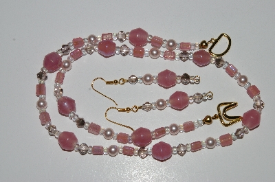 +MBA #B5-096  "Luster Pink Glass Bead & Pearl Necklace & Matching Earring Set"